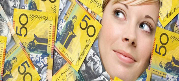 A young woman's face surrounded by fifty dollar notes